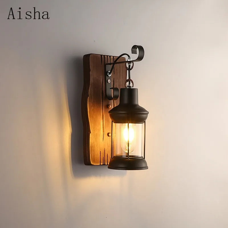 Industrial Wood Wall Lamp – Retro Loft LED Sconce for Bedroom, Bar & Coffee Shop Decor