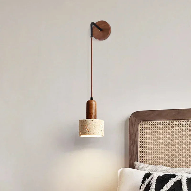 Modern Stone Wall Lamp with Wood Accent – Minimalist Bedside LED Wall Light for Bedroom & Living Room