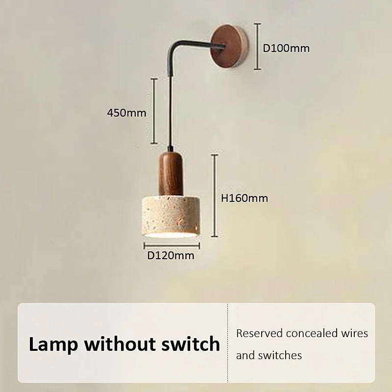 Modern Stone Wall Lamp with Wood Accent – Minimalist Bedside LED Wall Light for Bedroom & Living Room