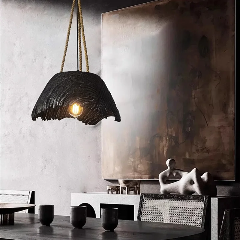 Rustic Wabi Sabi Hemp Rope Pendant Light – Vintage Hanging Lamp for Dining Room & Bar