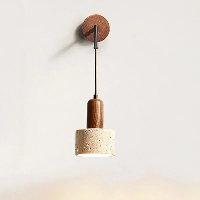 Modern Stone Wall Lamp with Wood Accent – Minimalist Bedside LED Wall Light for Bedroom & Living Room