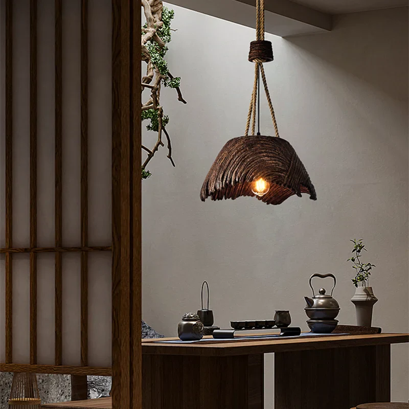 Rustic Wabi Sabi Hemp Rope Pendant Light – Vintage Hanging Lamp for Dining Room & Bar