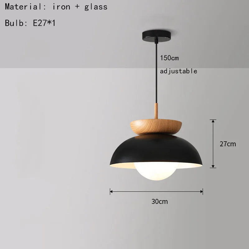 Nordic Wood & Metal Pendant Light – Modern Dome Hanging Lamp