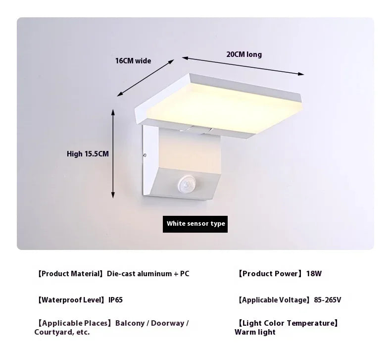 18W Motion Sensor Rotatable Outdoor Wall Lamp Waterproof Garden Courtyard Balcony Corridor Porch Light Villa Hotel Night Light