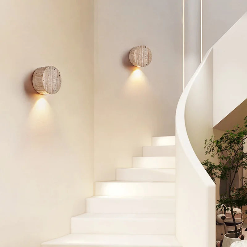 Natural Travertine Stone Wall Light – Modern Round LED Sconce