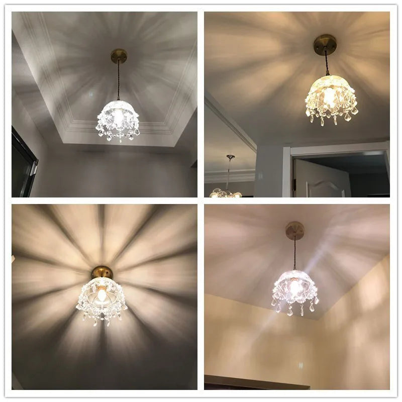 French retro brassy crystal glass chandelier light luxury bedroom bedside lamp all copper small chandelier aisle hallway light