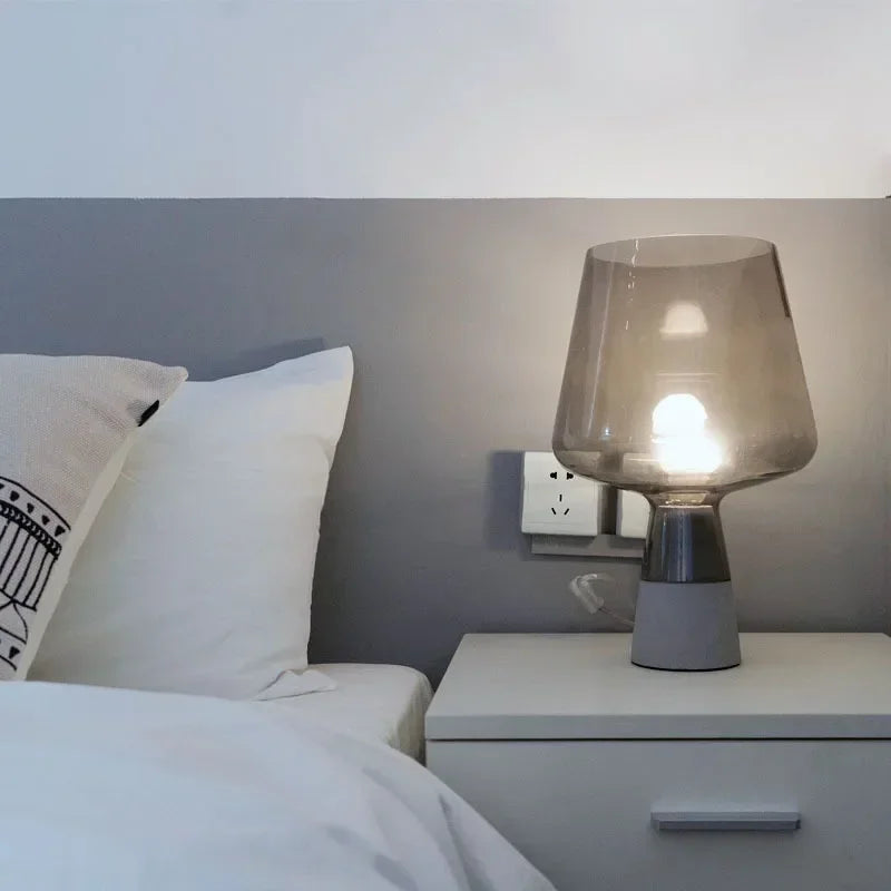 Modern Minimalist Cement Desk Lamp – LED Bedside Table Lamp with Grey Glass Shade