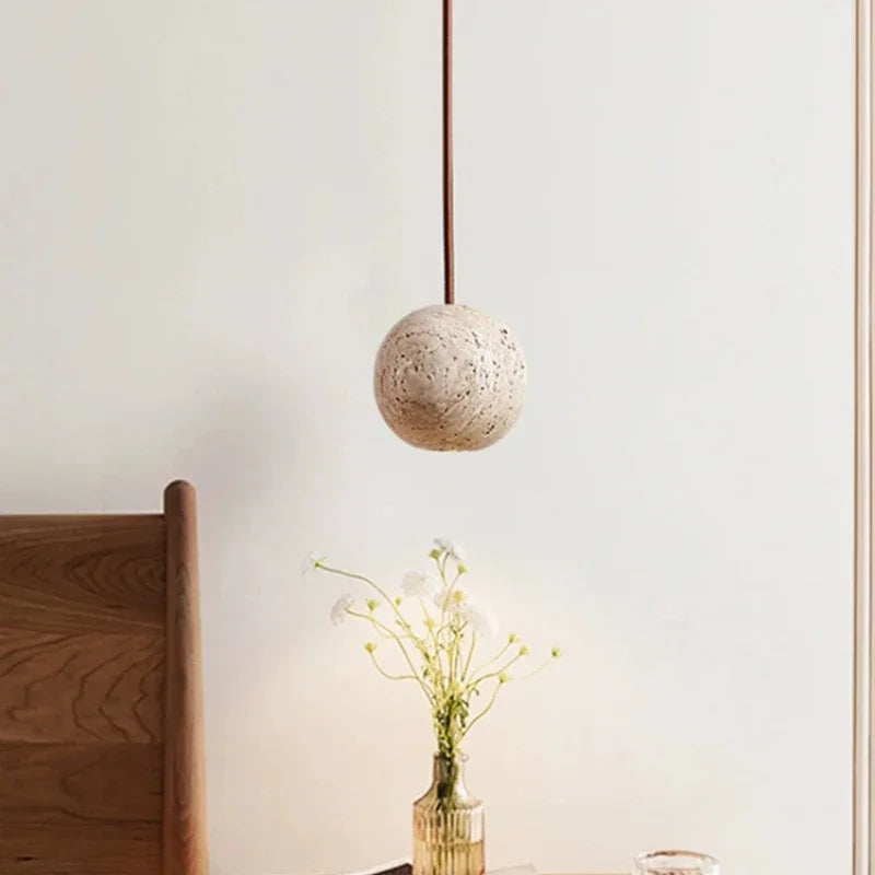 Yellow Travertine Pendant Light – Nordic LED Hanging Lamp for Bedroom & Bedside Lighting