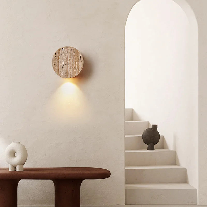 Natural Travertine Stone Wall Light – Modern Round LED Sconce