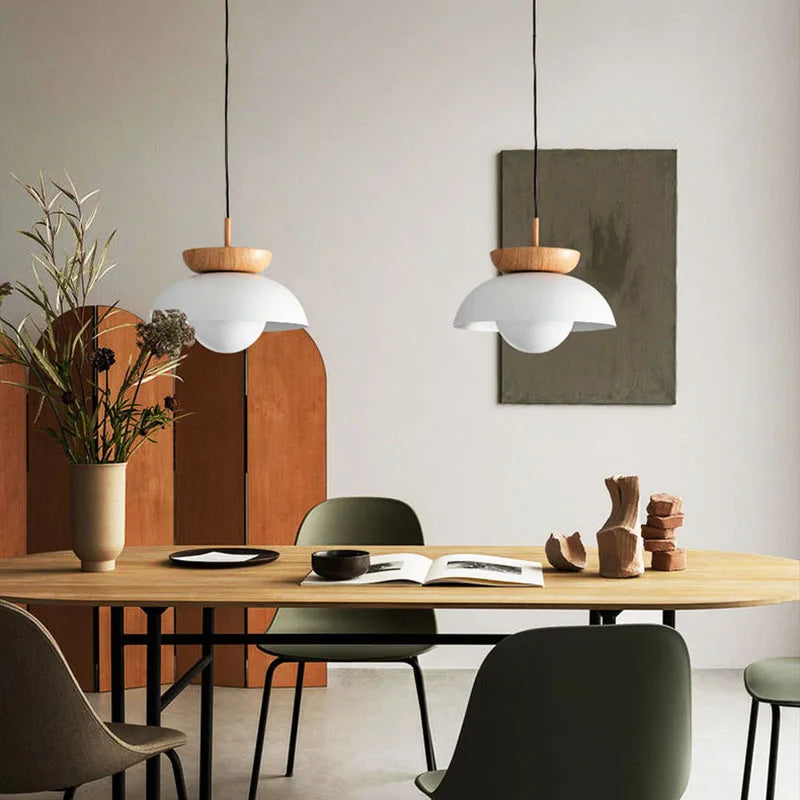 Nordic Wood & Metal Pendant Light – Modern Dome Hanging Lamp