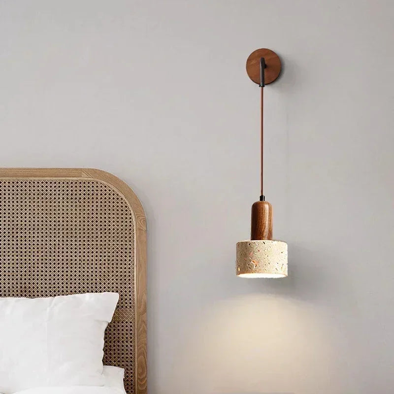 Modern Stone Wall Lamp with Wood Accent – Minimalist Bedside LED Wall Light for Bedroom & Living Room