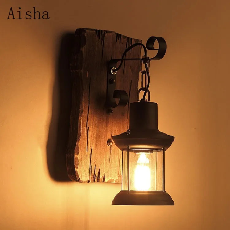 Industrial Wood Wall Lamp – Retro Loft LED Sconce for Bedroom, Bar & Coffee Shop Decor