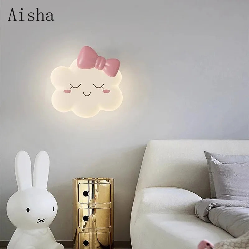 Cute Children's Room Wall Lamps with Pink Bow Cloud Lamp Modern Romantic Princess Room Nursery Girl Bedroom Bedside Sconces