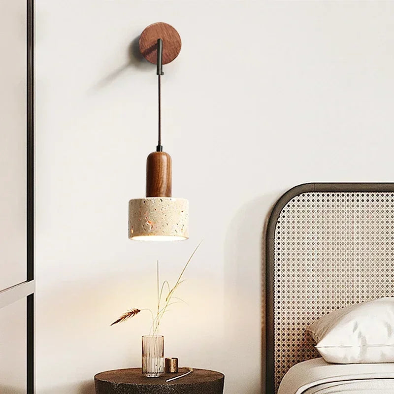 Modern Stone Wall Lamp with Wood Accent – Minimalist Bedside LED Wall Light for Bedroom & Living Room