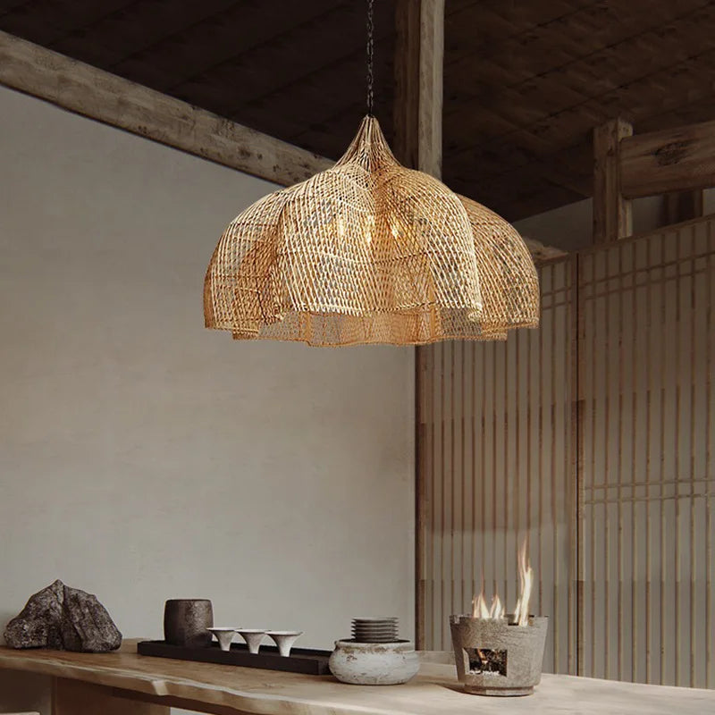 Handwoven Rattan Pendant Light – Wabi Sabi Bamboo Hanging Lamp