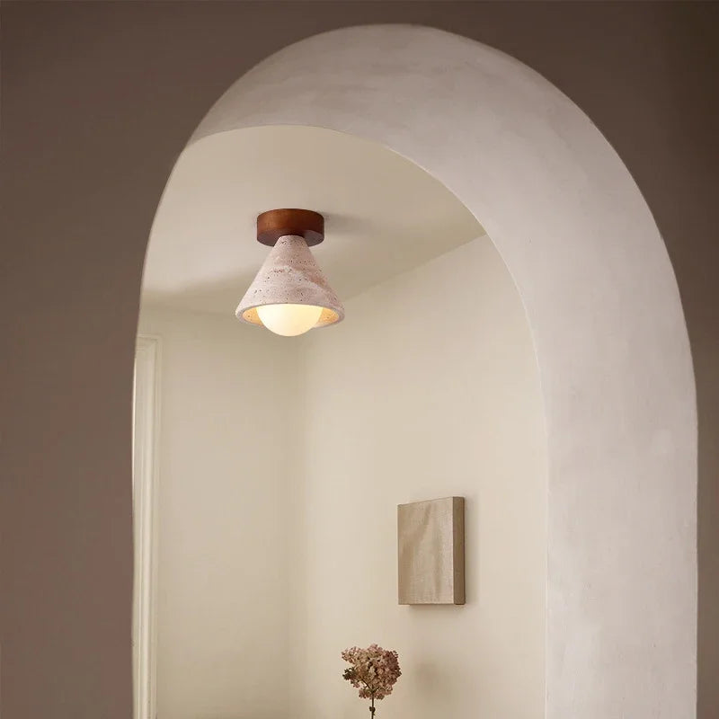 Wabi-Sabi Travertine Ceiling Light – Modern Nordic Stone LED Lamp for Bedroom & Hallway