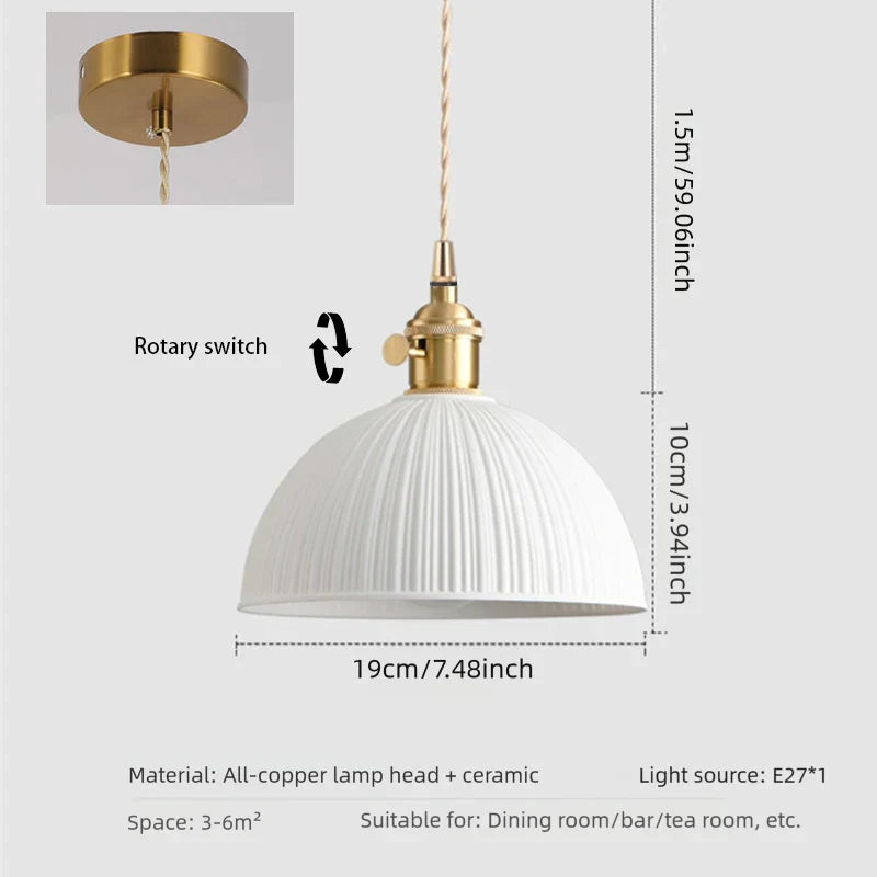 Retro Ceramic Pendant Light Artistic Mid-Century Dining Room Bar Table Entrance Balcony Semi-Circular Small Hanging Lamp