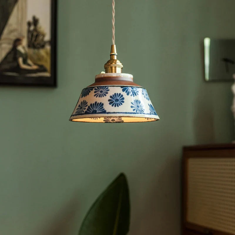 Chinese-style retro tea room colored glazed ceramic blue-and-white pendant lamp, Chinese ancient style nostalgic homestay dining