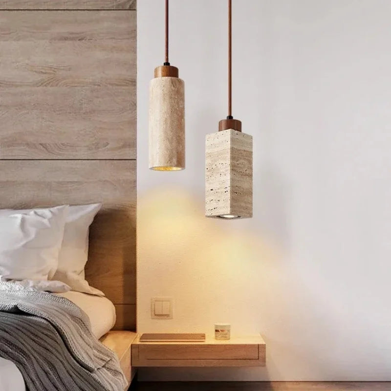Wabi-Sabi Travertine Pendant Light – Japanese Marble Hanging Lamp