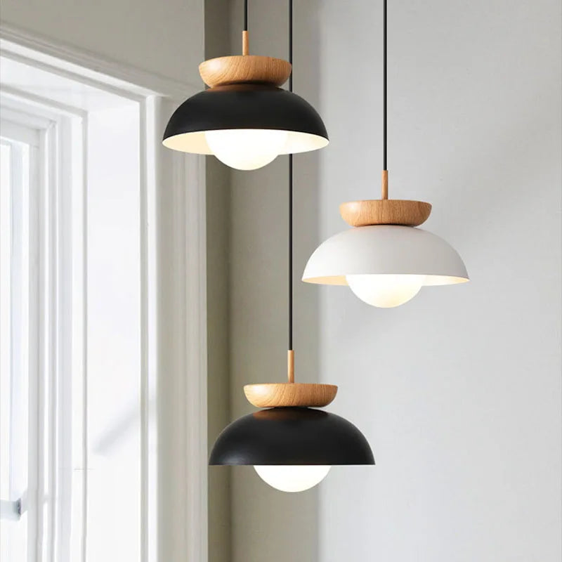 Nordic Wood & Metal Pendant Light – Modern Dome Hanging Lamp