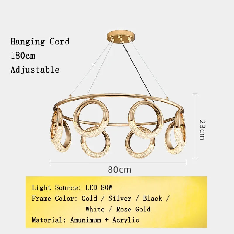Nordic Designer Gold Ring LED Pendant Chandeliers House Decor Lighting Fixture Living Room Ceiling Hanging Lamp Circle Lustre