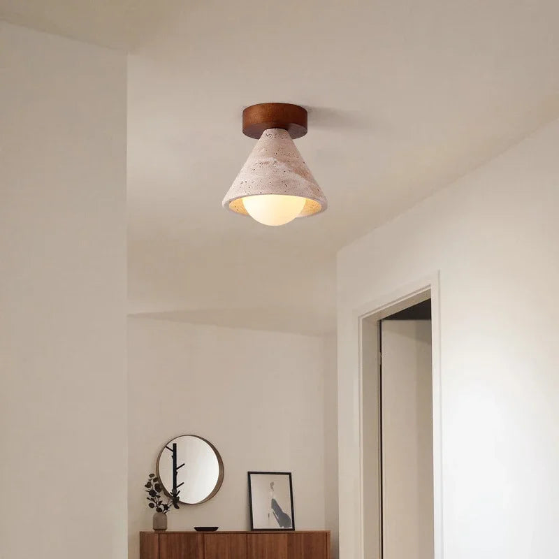 Wabi-Sabi Travertine Ceiling Light – Modern Nordic Stone LED Lamp for Bedroom & Hallway