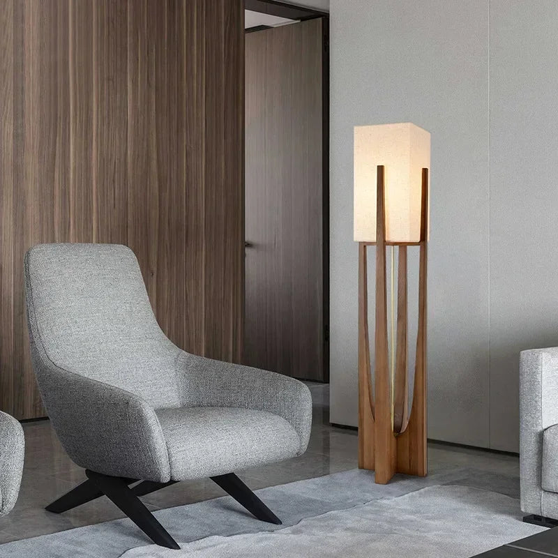 Japanese Style Wooden Floor Lamp – Minimalist Fabric Shade Light