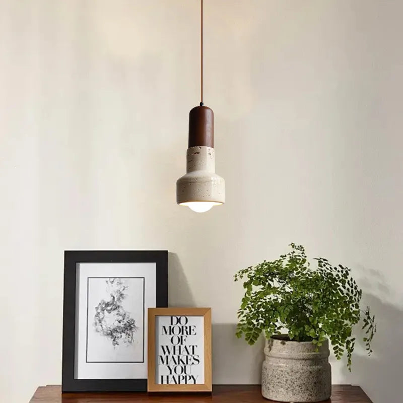 Japanese Wabi-Sabi Stone Pendant Light LED Yellow Travertine Hanging Lamp for Bedroom Bedside Kitchen Island Dining Room Decor