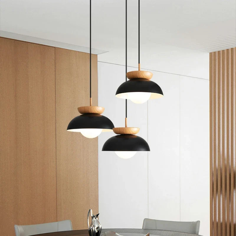 Nordic Wood & Metal Pendant Light – Modern Dome Hanging Lamp