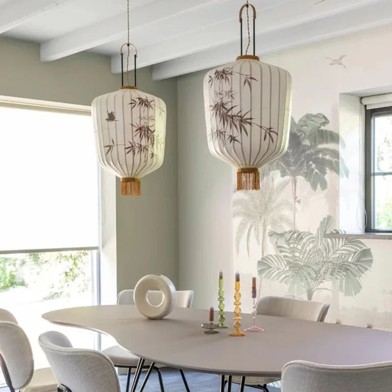 Medieval Zen Retro Fabric LED Pendant Lamp Living Room Restaurant Bedroom Homestay Art Lantern Chandelier Indoor Decor Lighting