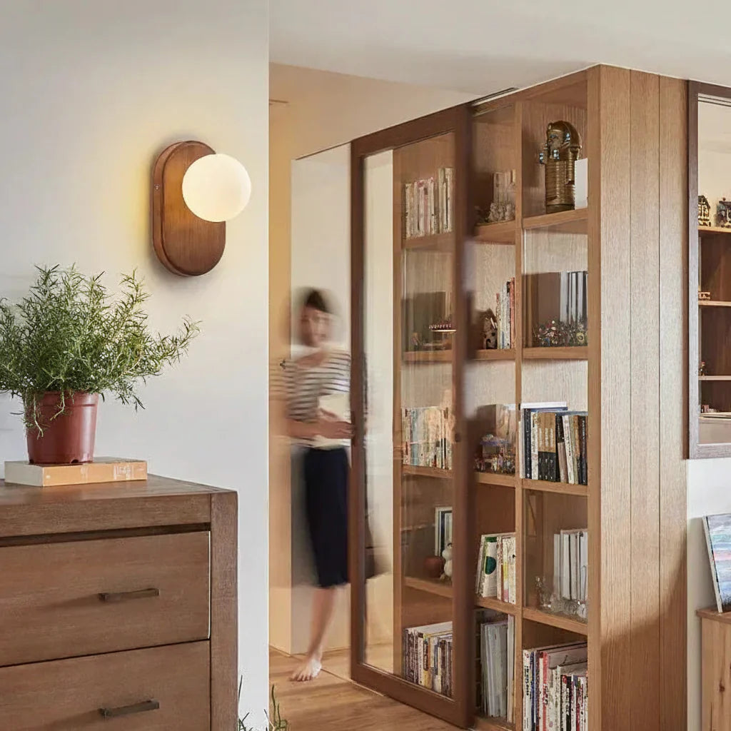 Modern Wooden Globe Wall Light with Frosted Glass – G9 Bedside Lamp