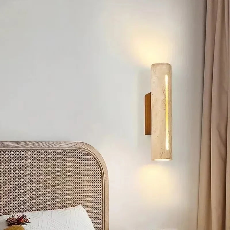 LED Wall Lamp Wabi Sabi Style Bedroom Bedside Light, Yellow Travertine Wall Light for Living Room Background Up & Down Lighting