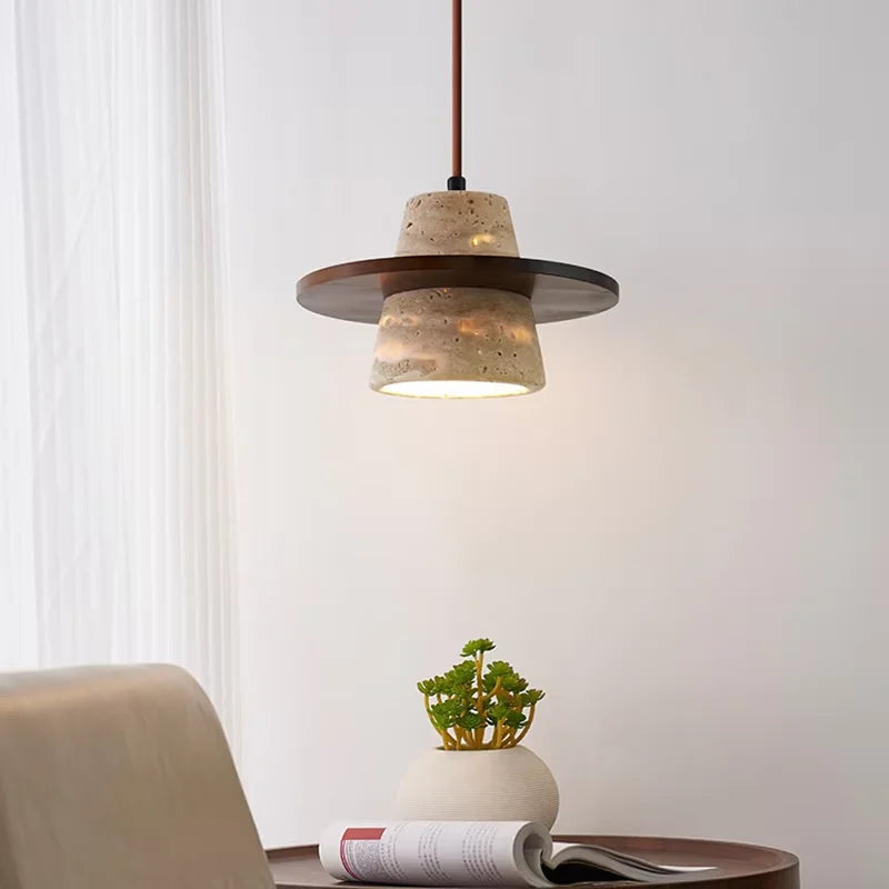Travertine Stone Pendant Light – Japanese Minimalist Hanging Lamp for Bedroom, Dining & Cafe