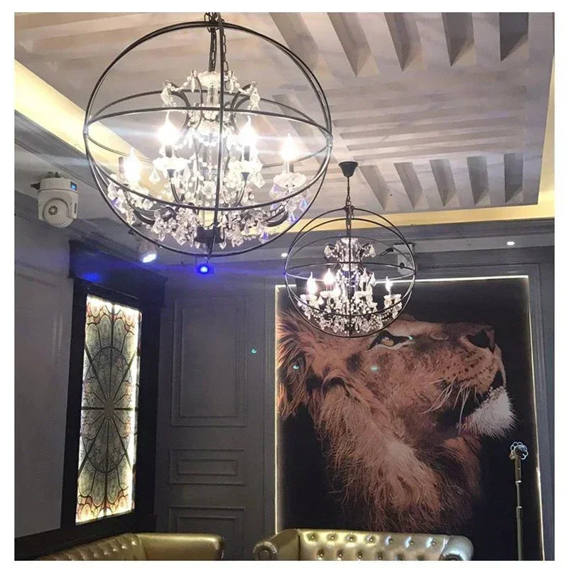 American Retro Birdcage Iron Crystal Led Pendant Lamp Restaurant Living Room Coffee Shop Creative Chandelier Home Decor Lighting