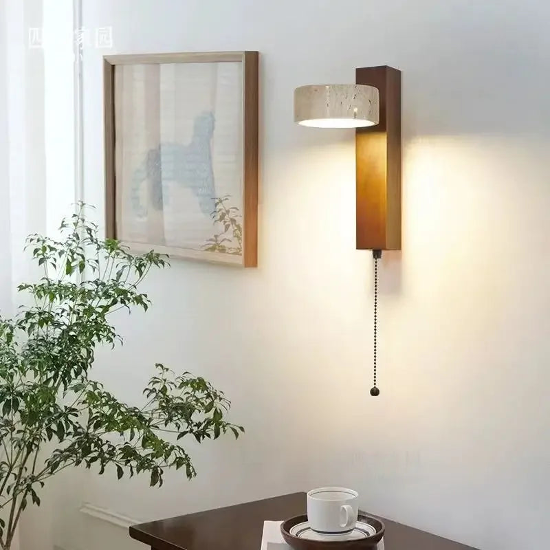 Cream Stone Wall Light with Pull Switch – Rotatable LED Bedside Sconce for Bedroom & Living Room
