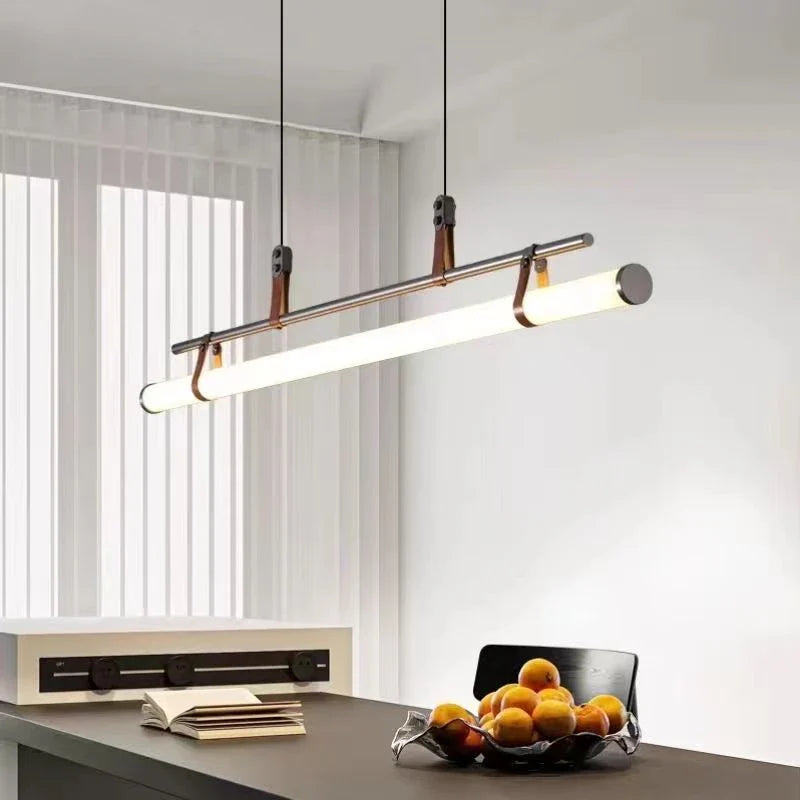 Modern Linear LED Pendant Light with Metal Frame – Minimalist Dining Table Hanging Lamp