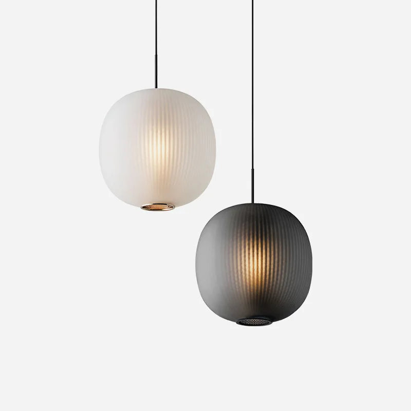 Modern Ribbed Glass Pendant Light – Matte White & Smoke Ash Hanging Lamp