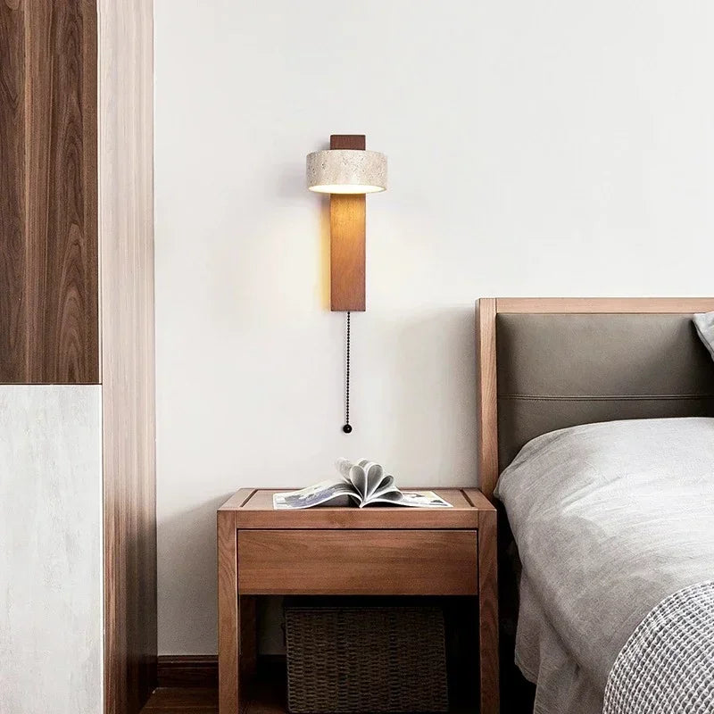 Cream Stone Wall Light with Pull Switch – Rotatable LED Bedside Sconce for Bedroom & Living Room