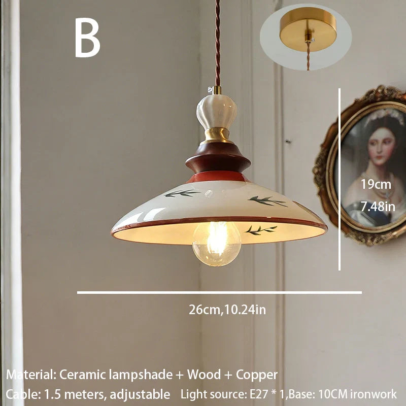 Retro medieval-style hand-painted small flower-patterned ceramic pendant lights for the cream-colored French-style restaurant en