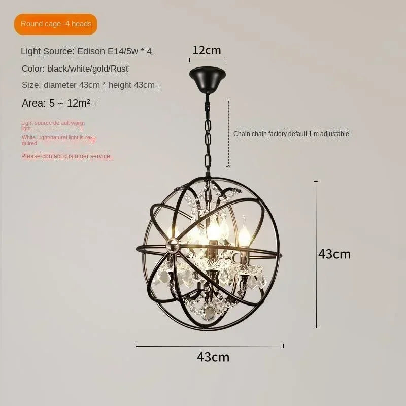 American Retro Birdcage Iron Crystal Led Pendant Lamp Restaurant Living Room Coffee Shop Creative Chandelier Home Decor Lighting