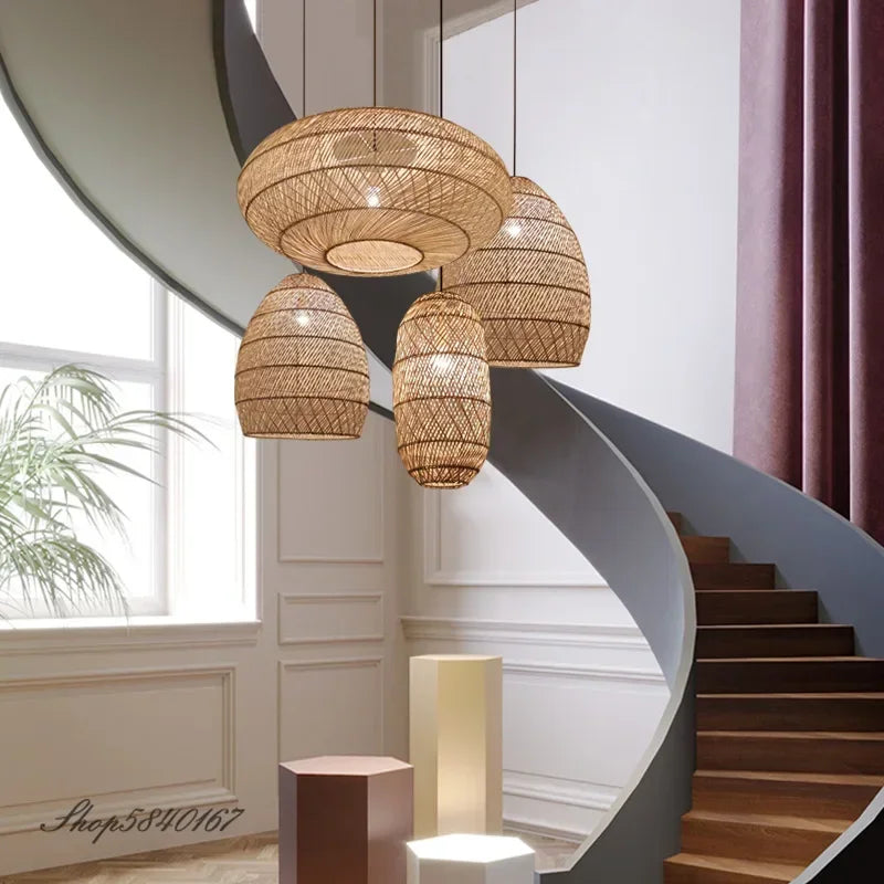 Chinese Handmade Woven Natural Rattan Pendant Lamp Living Room Restaurant Hotel Homestay Bedroom Led Chandelier Art Lights Decor