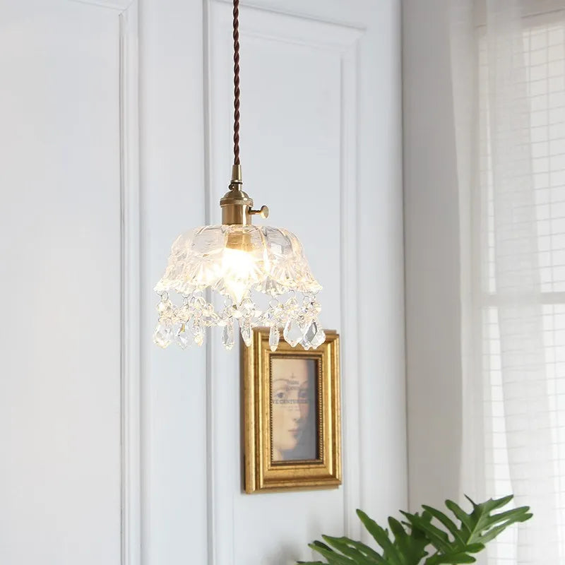 French retro brassy crystal glass chandelier light luxury bedroom bedside lamp all copper small chandelier aisle hallway light