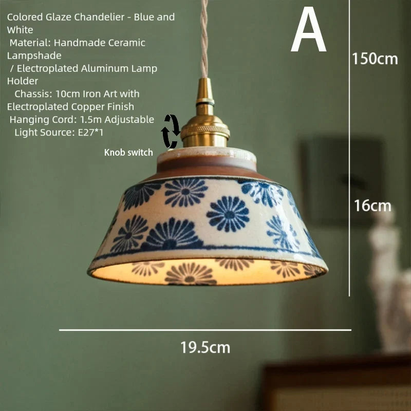 Chinese-style retro tea room colored glazed ceramic blue-and-white pendant lamp, Chinese ancient style nostalgic homestay dining