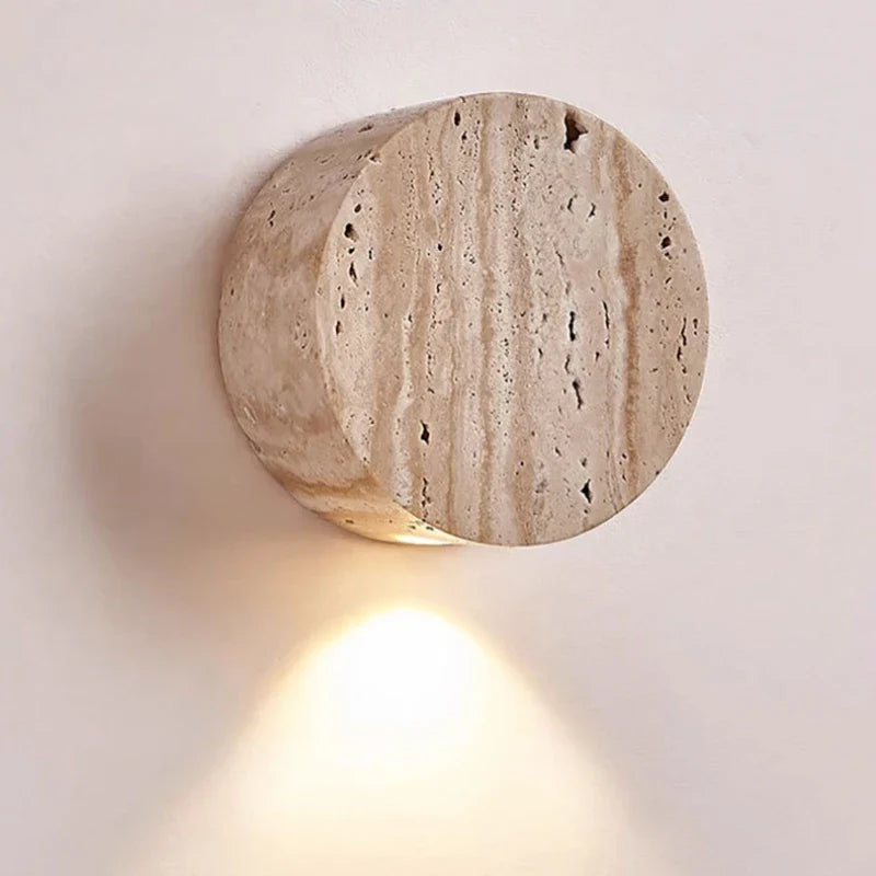 Natural Travertine Stone Wall Light – Modern Round LED Sconce