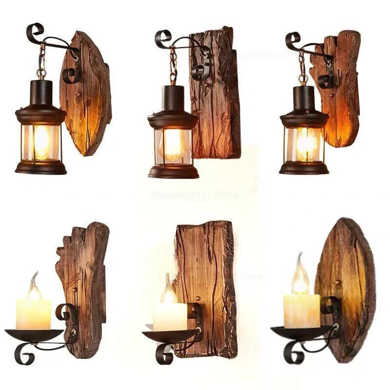 Nordic Wrought Iron Wood Wall Lamps LED Retro Creative Wall Lights for Home Bar Cafe Restaurant Living Room Decoration Lighting