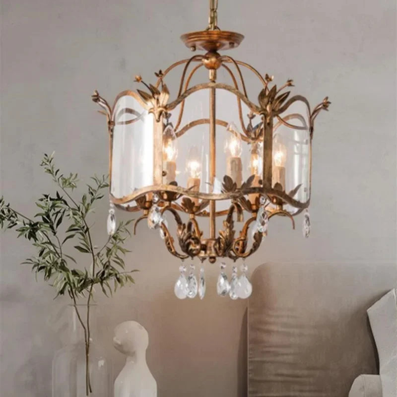 French Vintage Crystal Chandelier – Retro Candle Style Gold Pendant Light