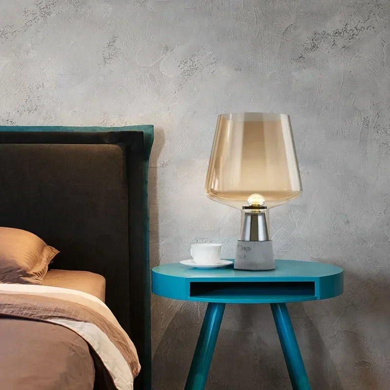 Modern Minimalist Cement Desk Lamp – LED Bedside Table Lamp with Grey Glass Shade