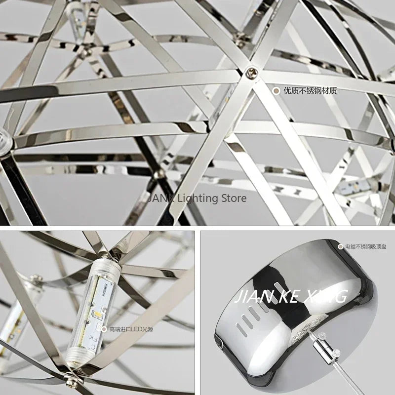 Netherlands Designer Oval Spark Ball Stainless Steel Pendant Chandelier for Living Room Hall Stair LED Indoor Lighting Fixtures