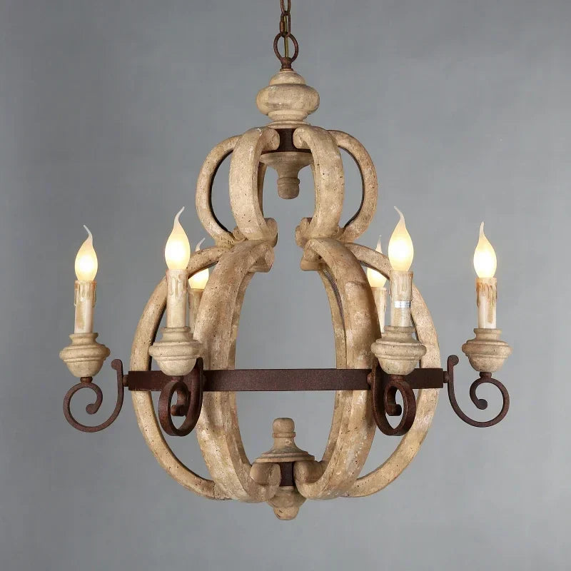 Rustic Solid Wood Chandelier – Vintage Farmhouse 6-Light Pendant Lamp