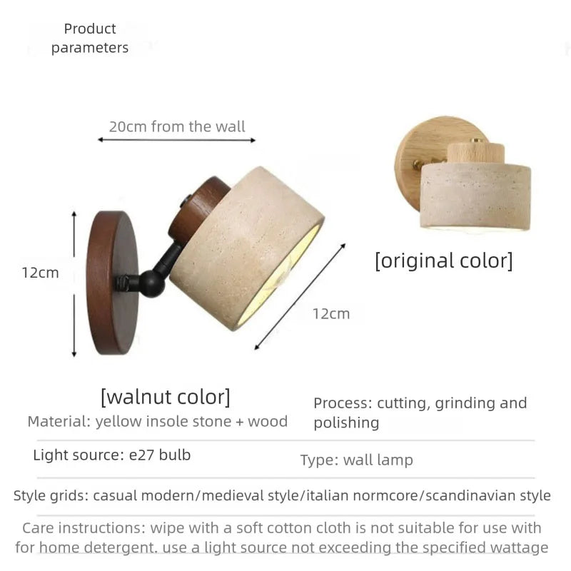 Yellow cave stone Japanese-style wabi-sabi bedroom bedside wall lamp, retro homestay study, rotatable wall lamp with switch for